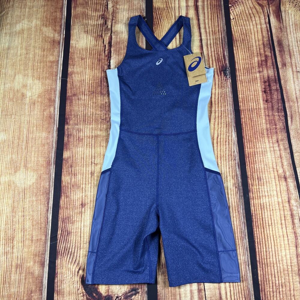 Asics Unitard Womens Small Blue Lightweight Pocket Stretch Running Singlet New